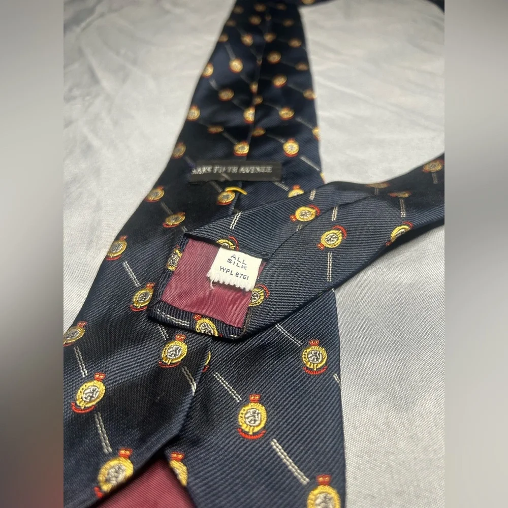 Men’s Saks Fifth Avenue Vintage 90s Blue Gold Striped Silk Designer Tie - Picture 2 of 3